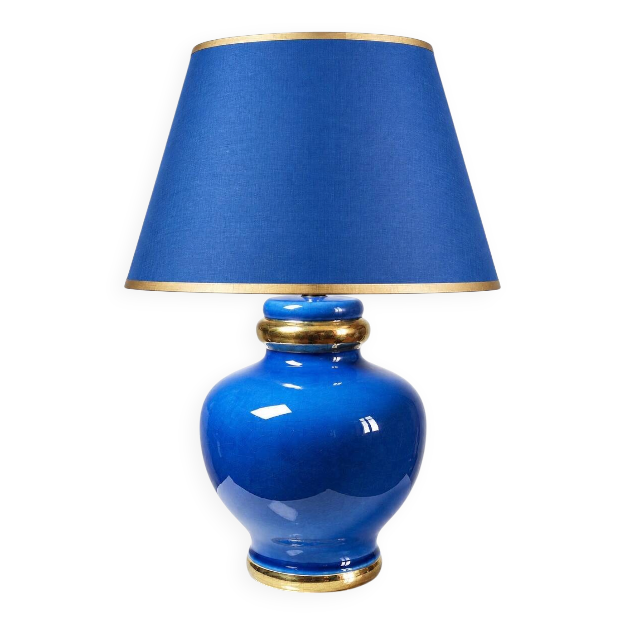 Vintage lamp Att. Le Dauphin in cobalt blue and gold ceramic, 1960s-1970s.