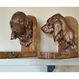 Pair of dog head bookends in spelter on marble slab, signed Lecourtier - sculptures