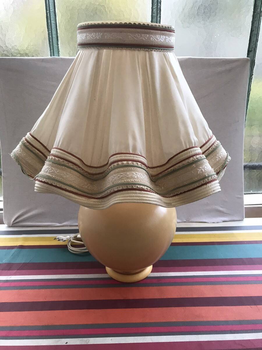 Vintage kostka lamp ceramic honey & gold + draped fabric shade burgundy
