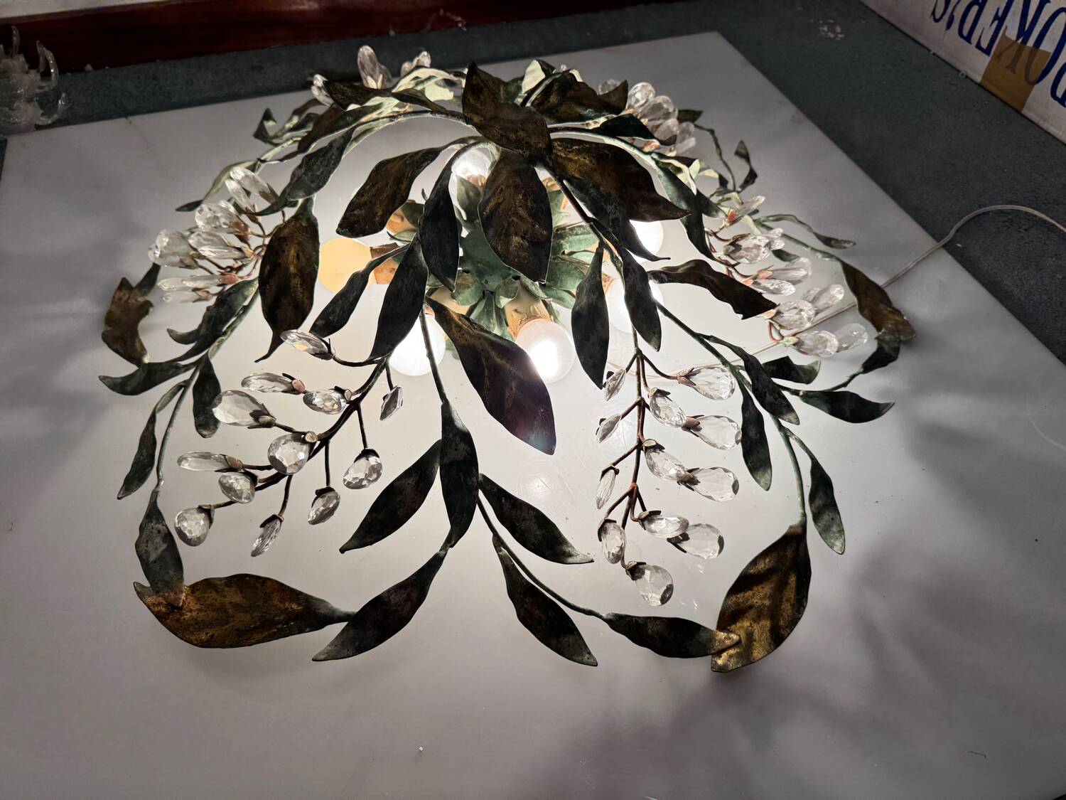 Large Florentine Tole Crystal Flushmount 1960’s