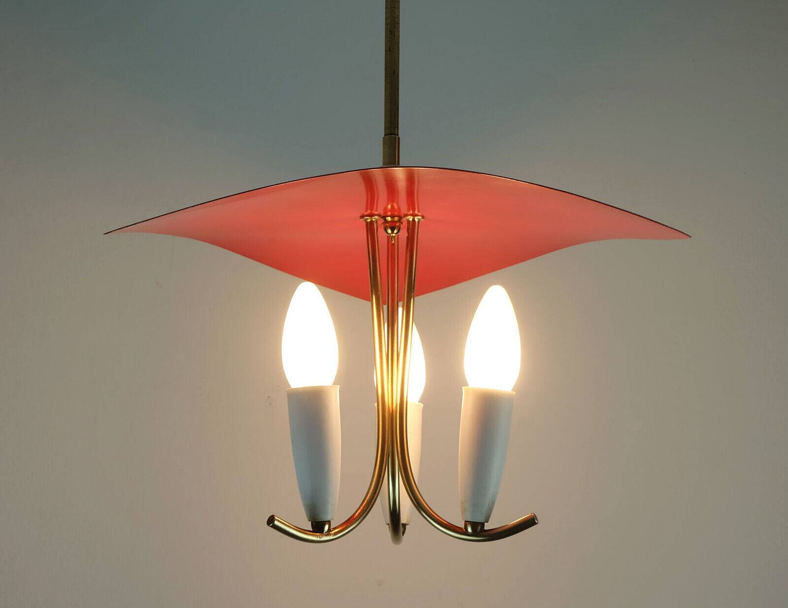 1950s mid century 3-light pendant brass metal plastic stilnovo era