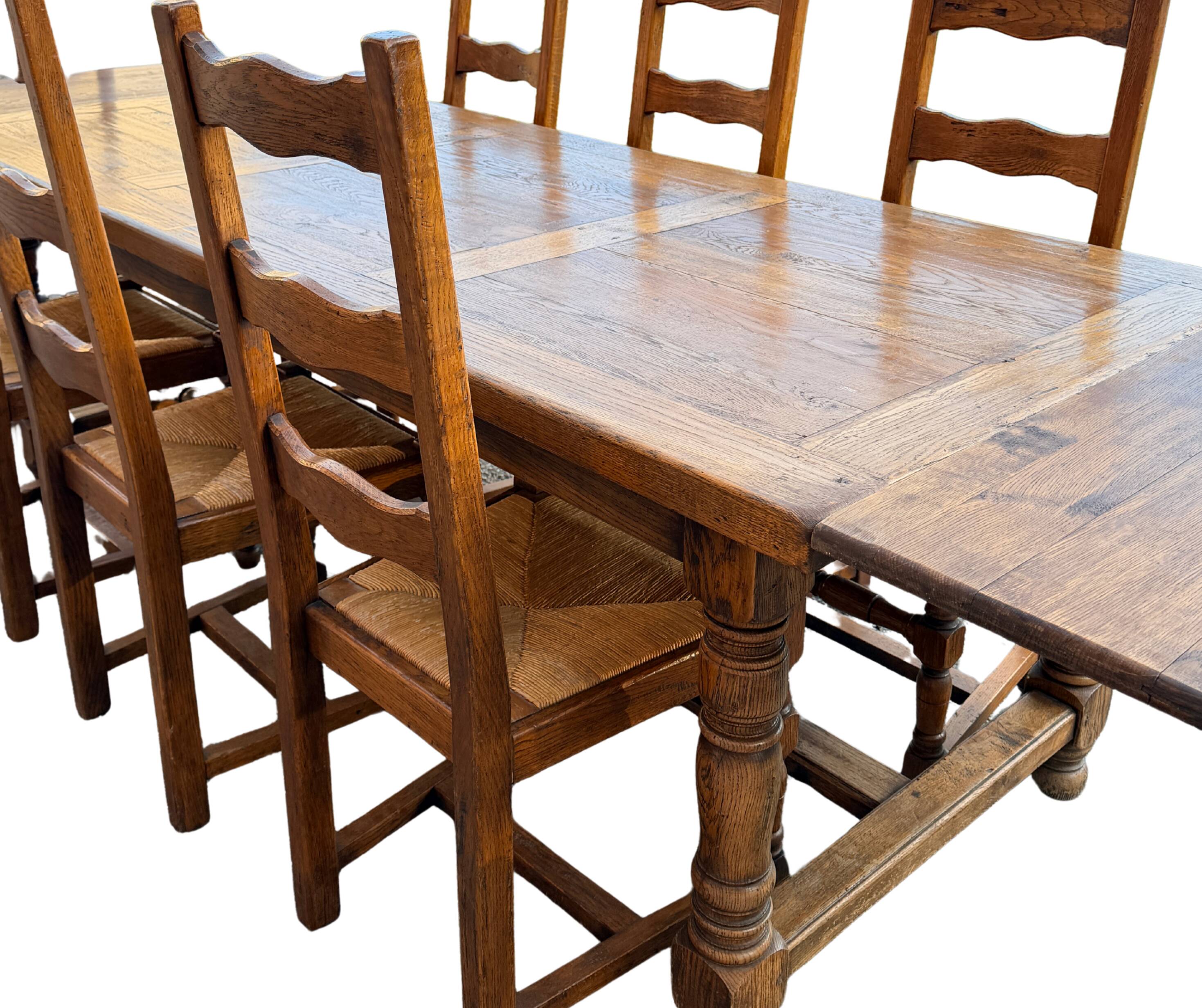 Large farmhouse table made of solid wood.