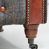 Chesterfield sofa in wood, tweed and leather