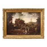 Grand tableau de paysage flamand du XVIIe siècle, fête de village