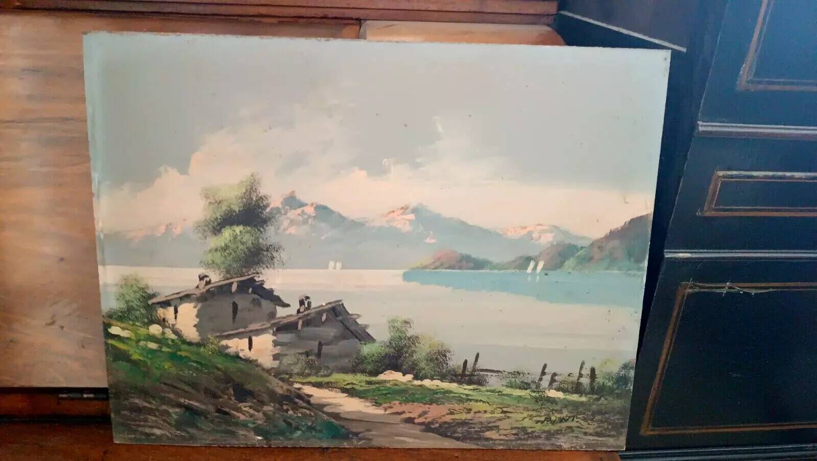 Painting landscape mountain lake Alps signed Pini 1950s