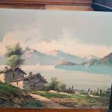 Painting landscape mountain lake Alps signed Pini 1950s