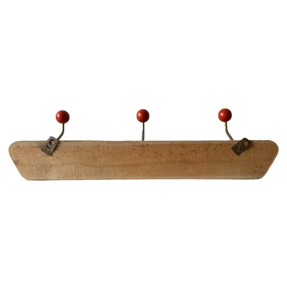 Vintage wooden wall coat rack - triple coat hook with red balls