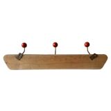 Vintage wooden wall coat rack - triple coat hook with red balls