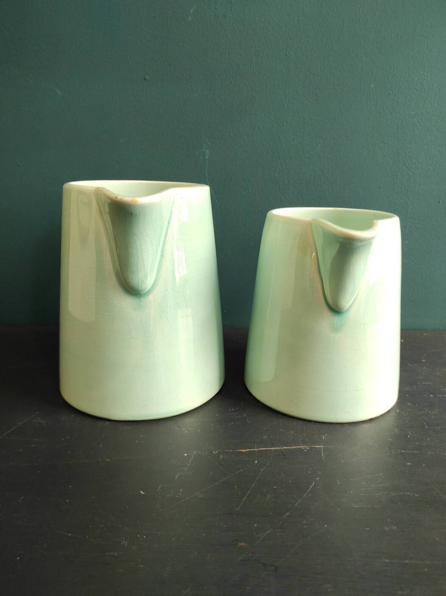 Set of two vintage French jugs in aquamarine blue
