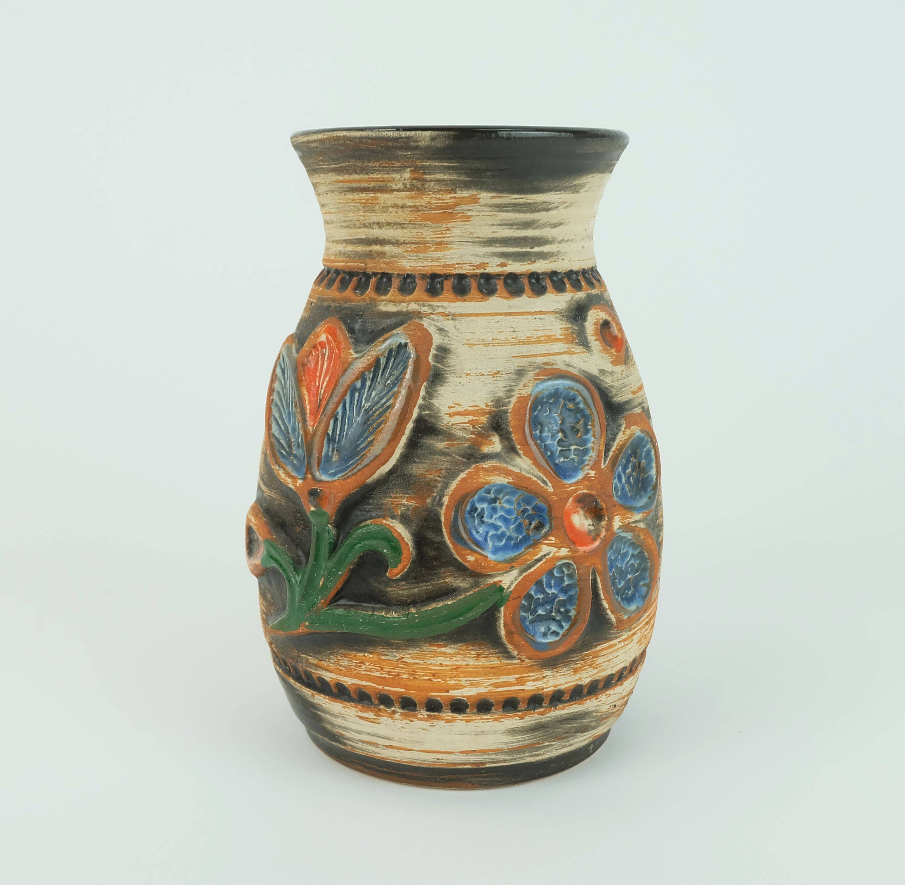 1960s bay ceramic vase multi-color relief flower decor model 94 17