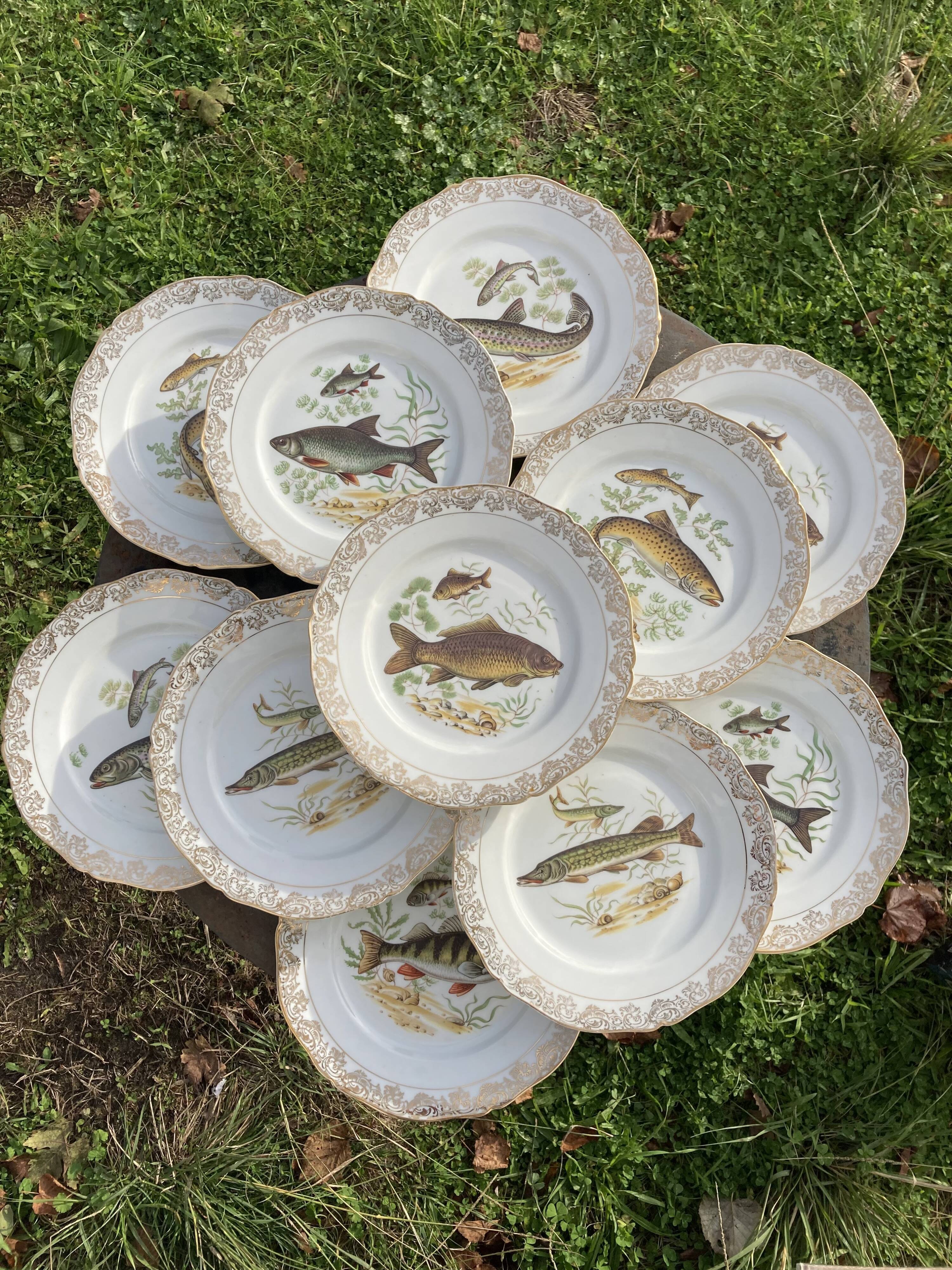 11 vintage Limoges porcelain fish plates