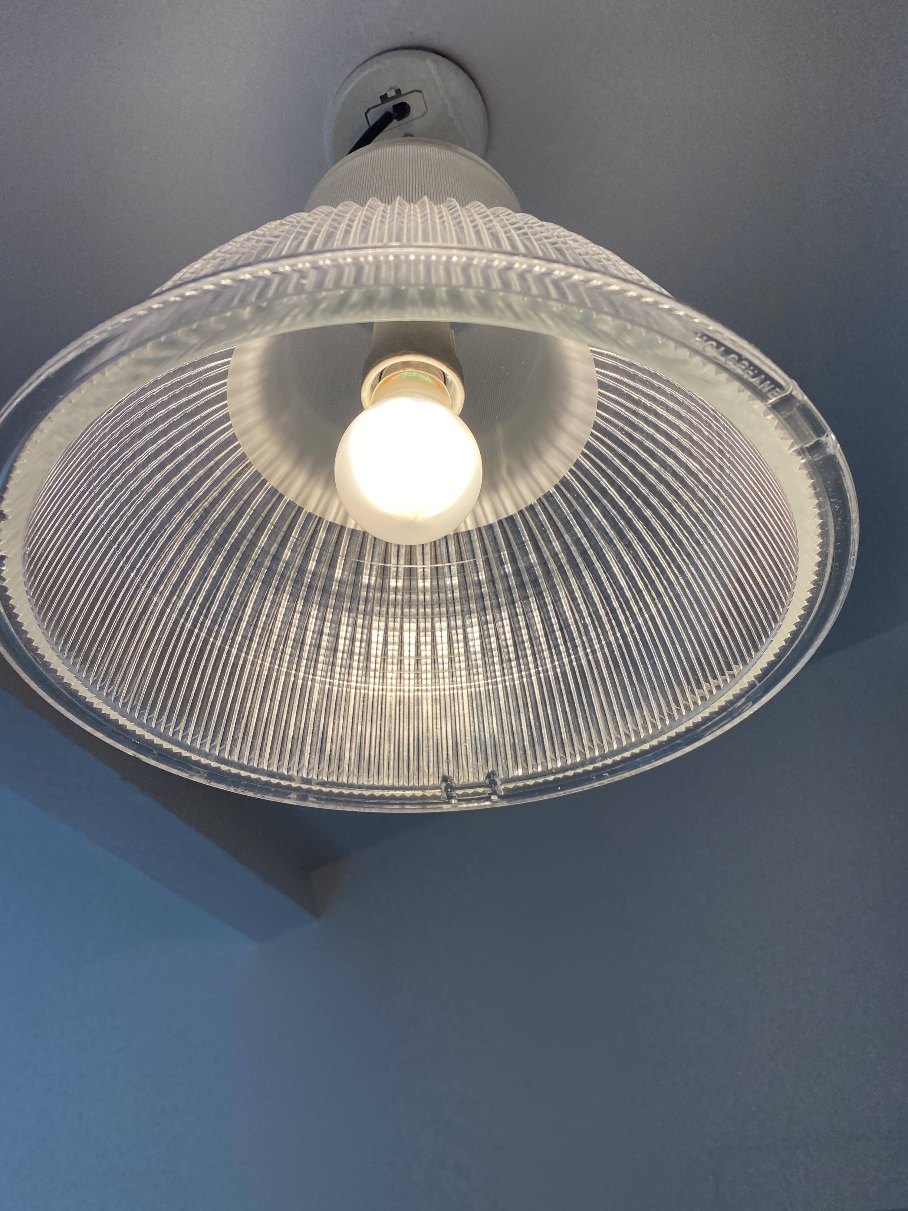 Vintage Holophane Suspension Chandelier from the 50s/60s, industrial style, transparent striated glass