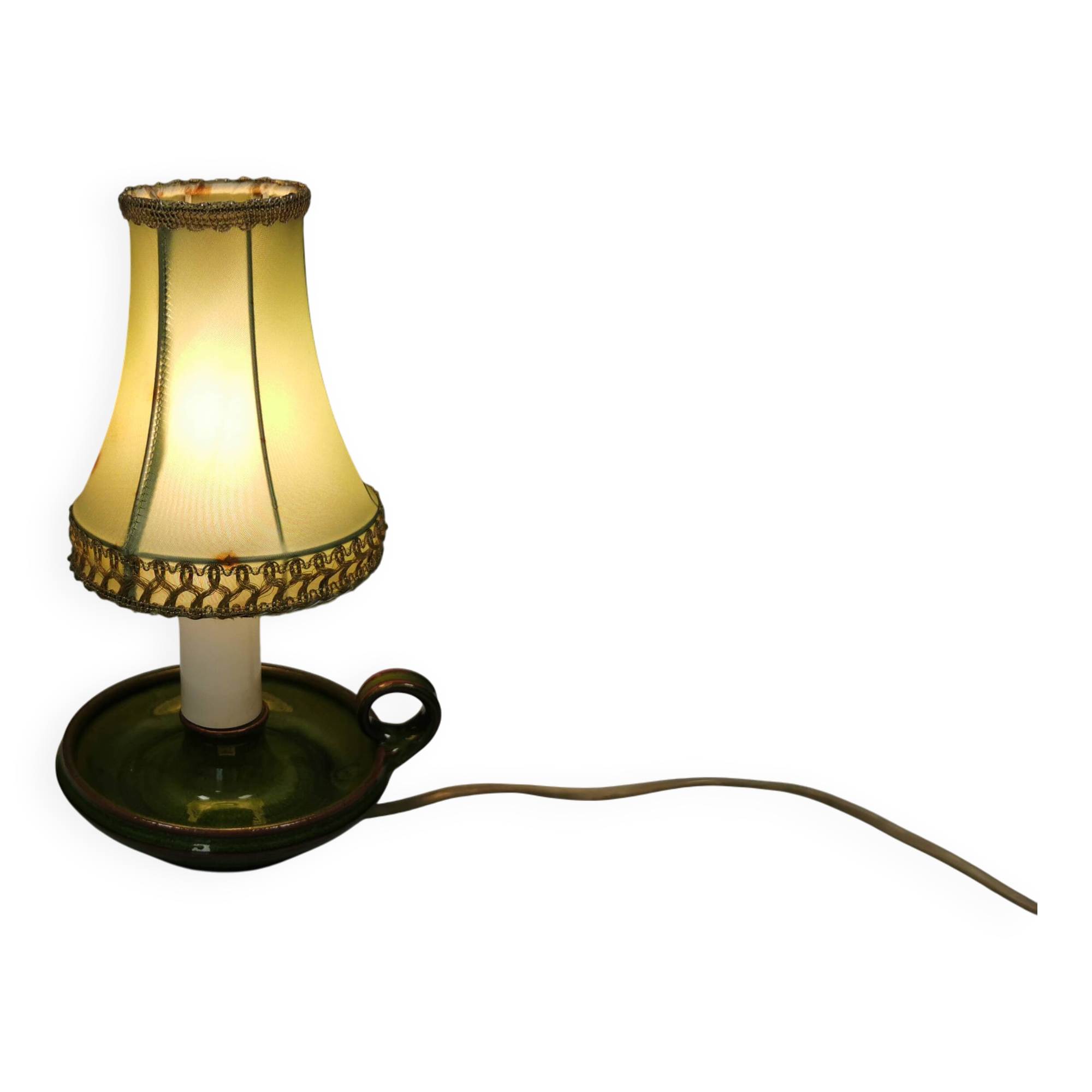 Small ceramic table lamp with beautiful green glaze and original shade, 70s