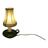 Small ceramic table lamp with beautiful green glaze and original shade, 70s
