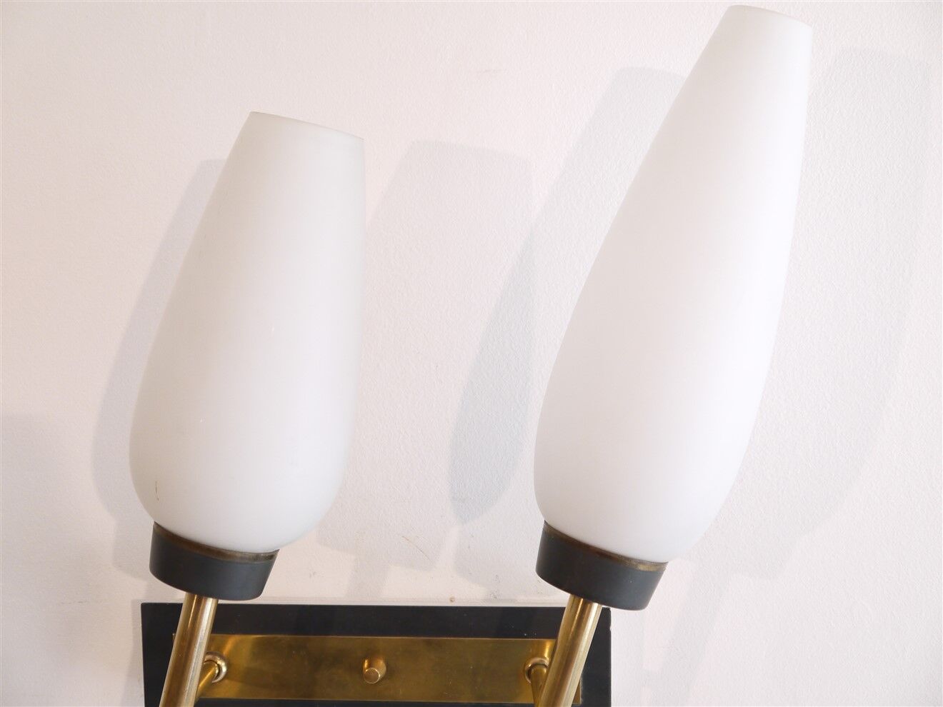 Pair of vintage brass metal and opaline wall lamps 1960