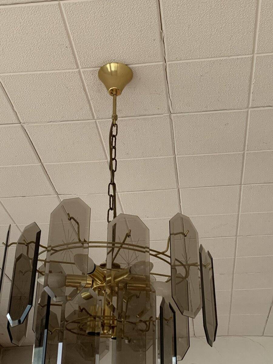 Vintage ceiling light with 6 arms in transparent glass and chrome metal, Kalmar style from the 1960s.