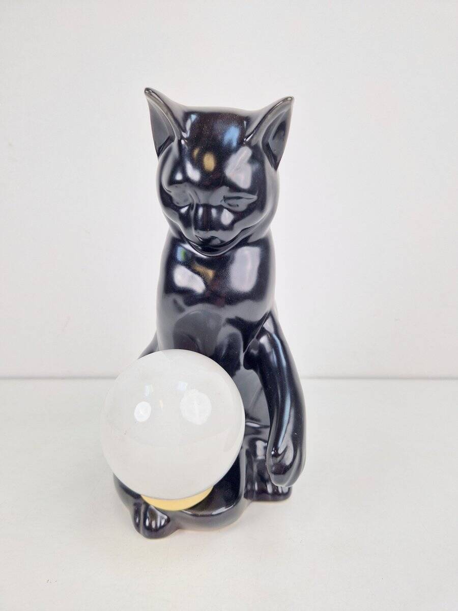 Mid-Century Cat Sphere Table Lamp in Ceramic and Opal Glass, 1970s