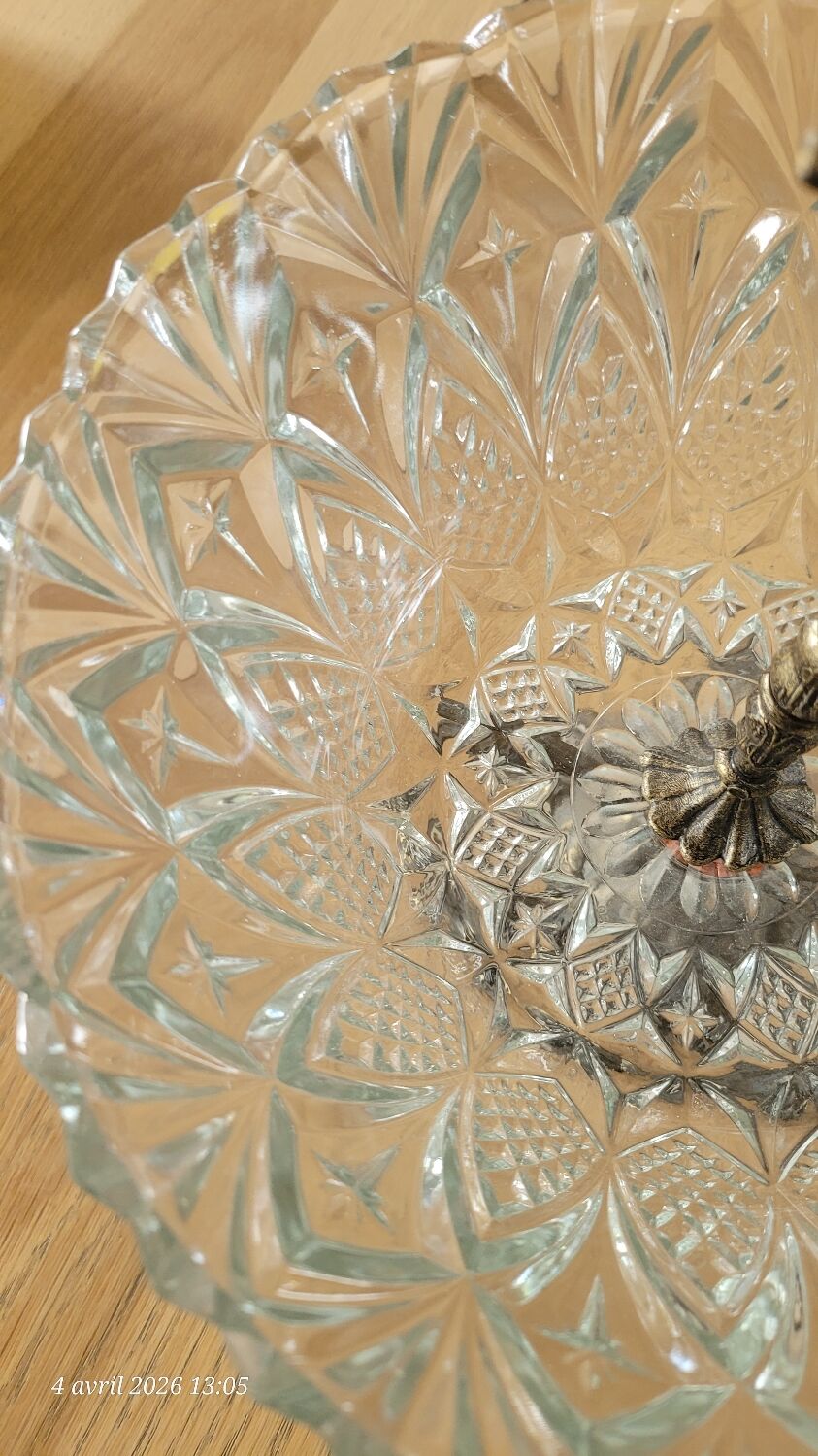 Cut glass bowl on a metal stand / compote dish