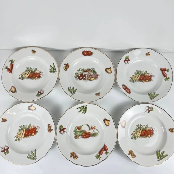 6 assiettes creuses KG Lunéville ''Le Potager'', 1950-70