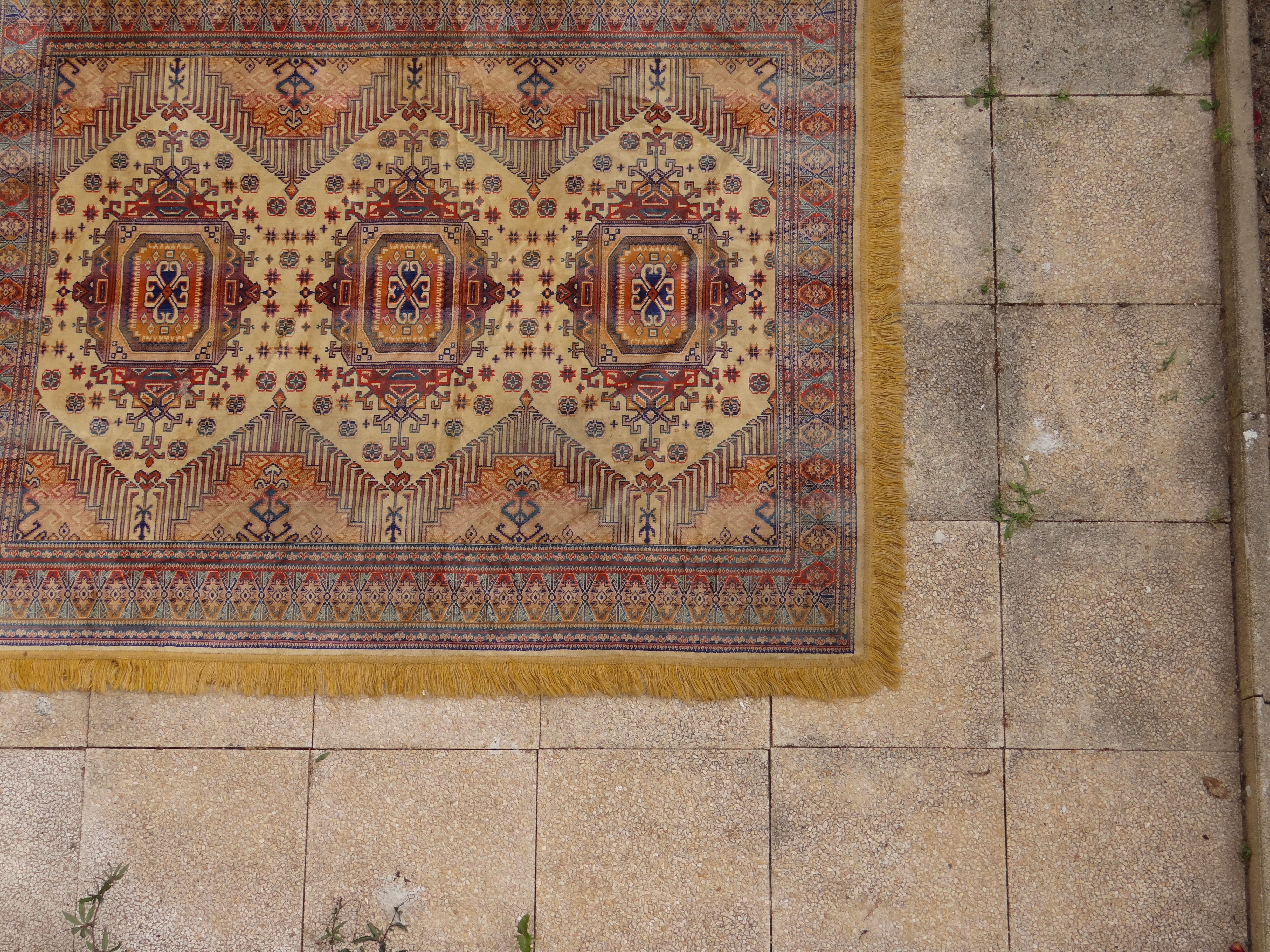 Kazak rug 180x150 cm vintage handmade oriental patterns ochre and burgundy