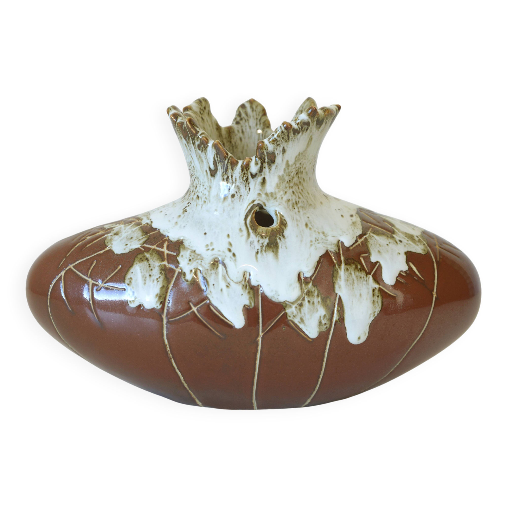 Vintage Brown Bud Fat Lava Ceramic Flower Art Vase Handmade Home Decor 1970