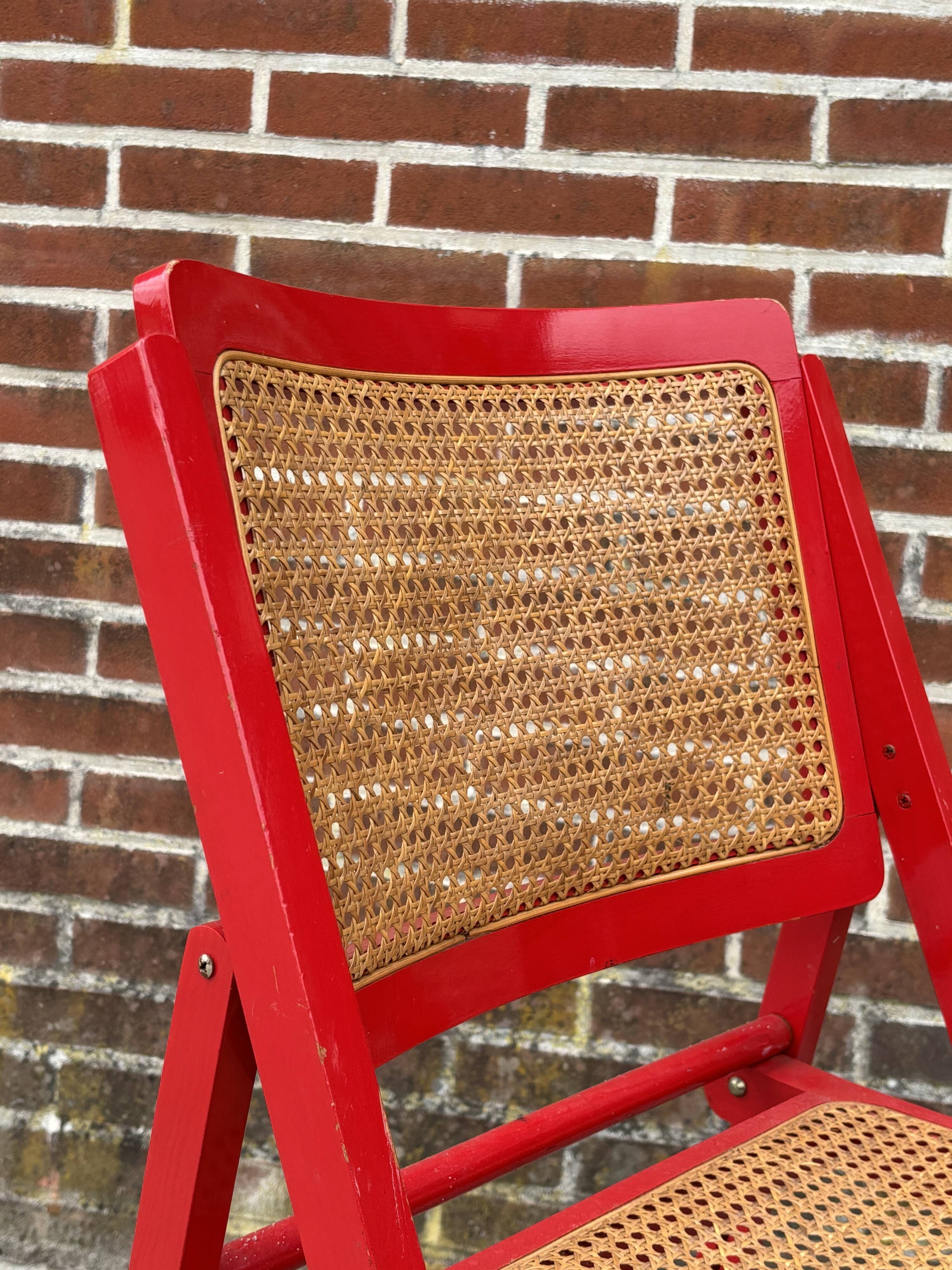 Vintage  Mid-Century Woven Cane Folding Chair  1960s in red cesca style