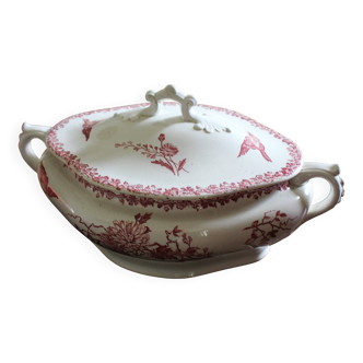Tureen Vegetable Dish Terre de Fer pink birds FF Pexonne