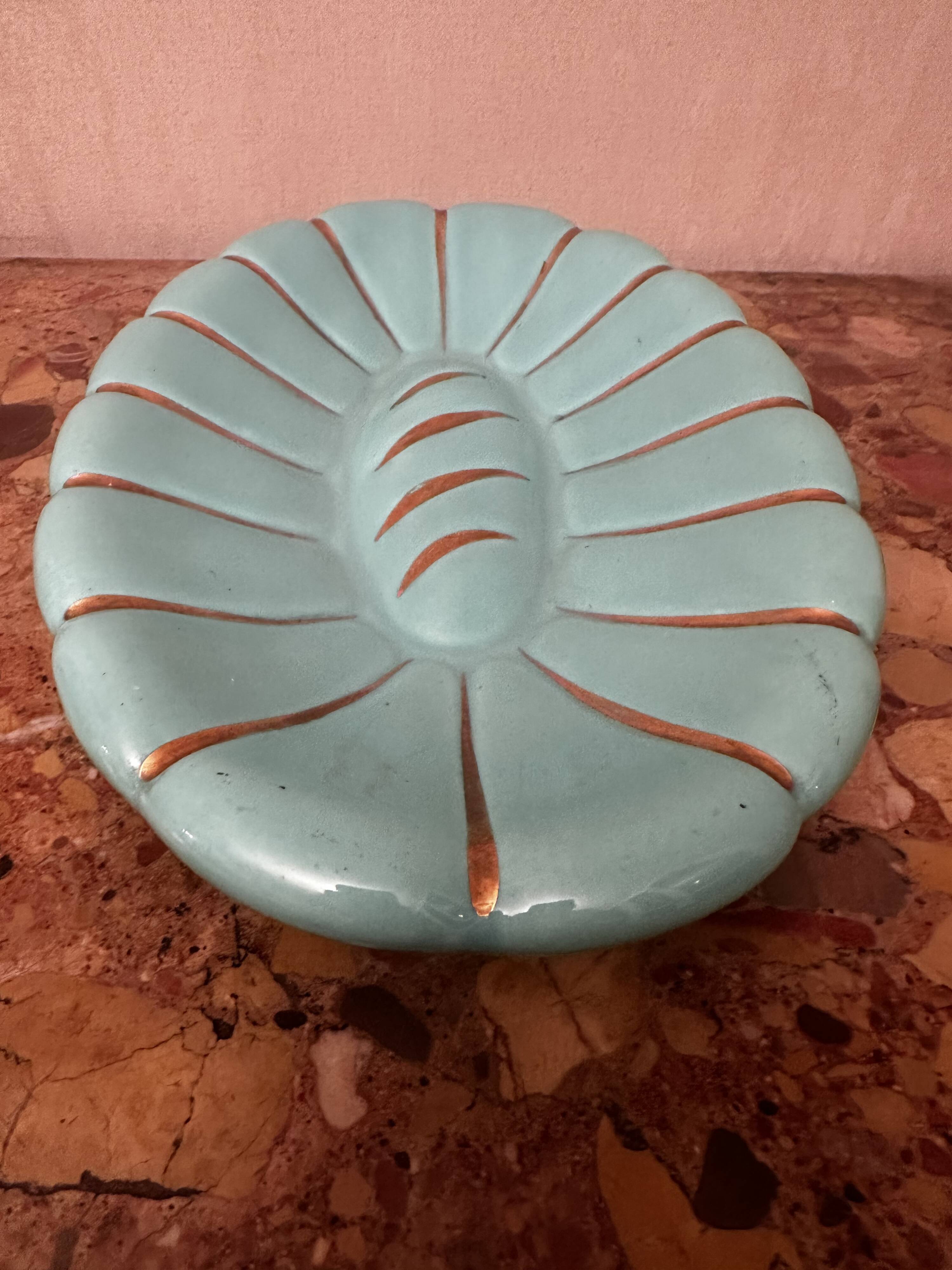 Art Deco ceramic pocket vase in celadon green and gold, style Arthur Percy L34/P22.