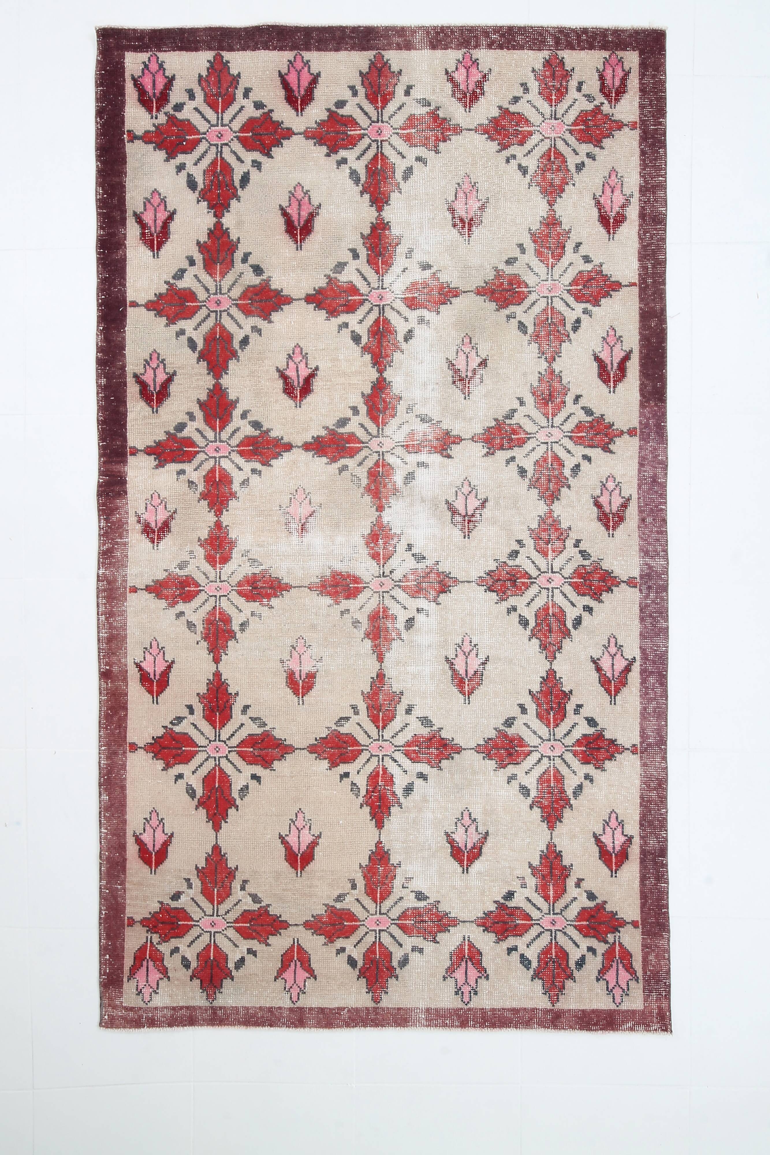 4x8 Star Pattern Burgundy Turkish Vintage Rug, 140x237Cm
