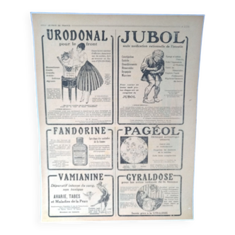 A paper advertisement pharmacy products from a magazine Pays de France of the 1920s