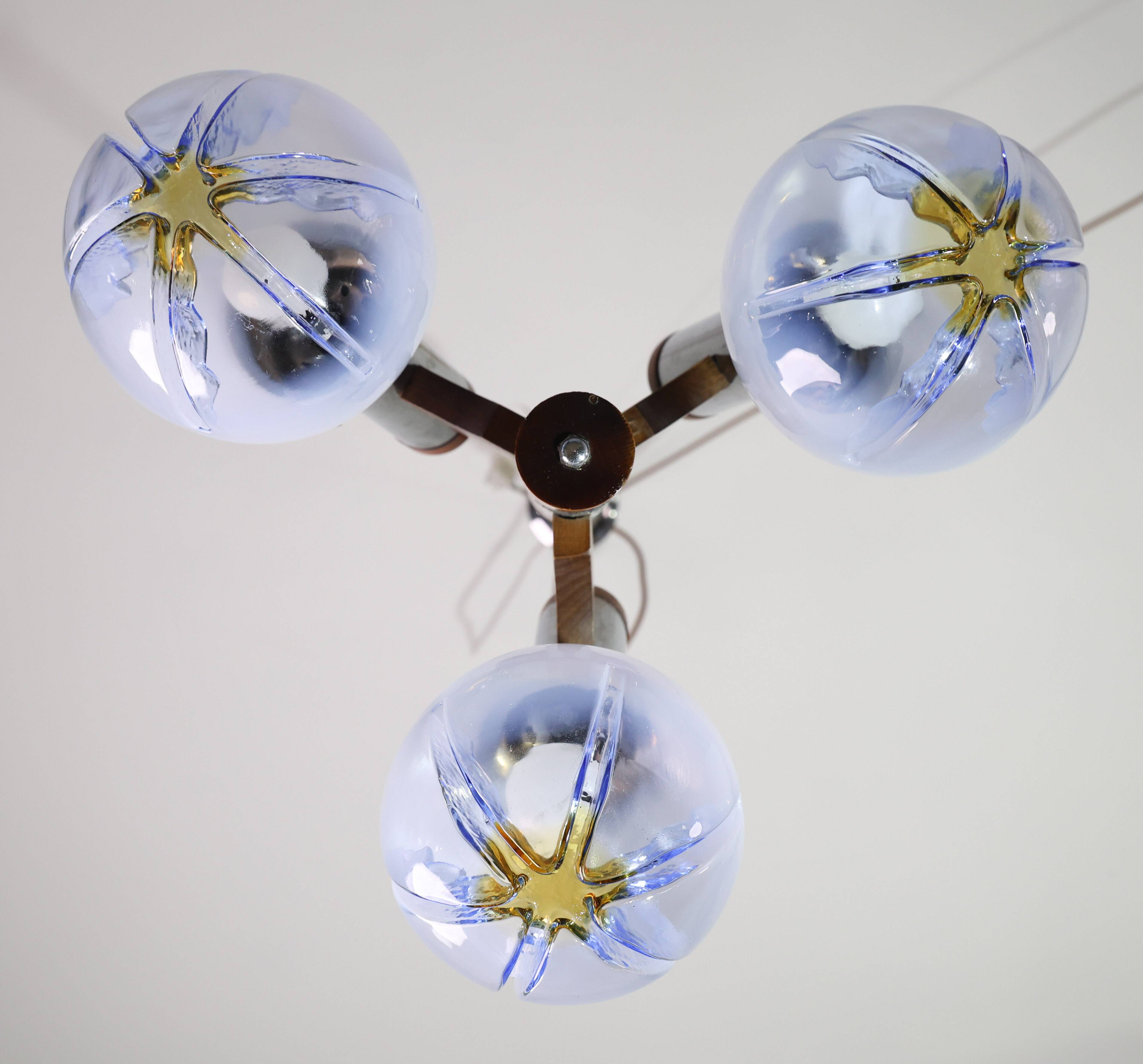 Chandelier en verre de Murano turquoise bleu à 3 lumières de style italien des années 50 par Mazzega