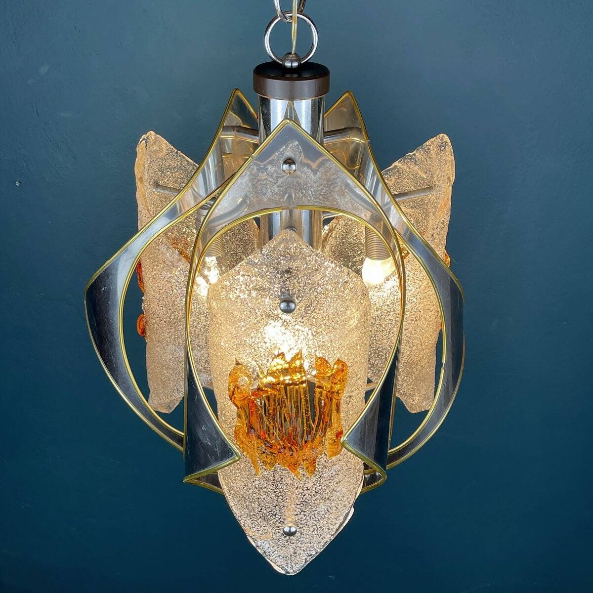 Amber chrome chandelier Murano mid-century by Toni Zuccheri for Mazzega, Italy, 1970s.