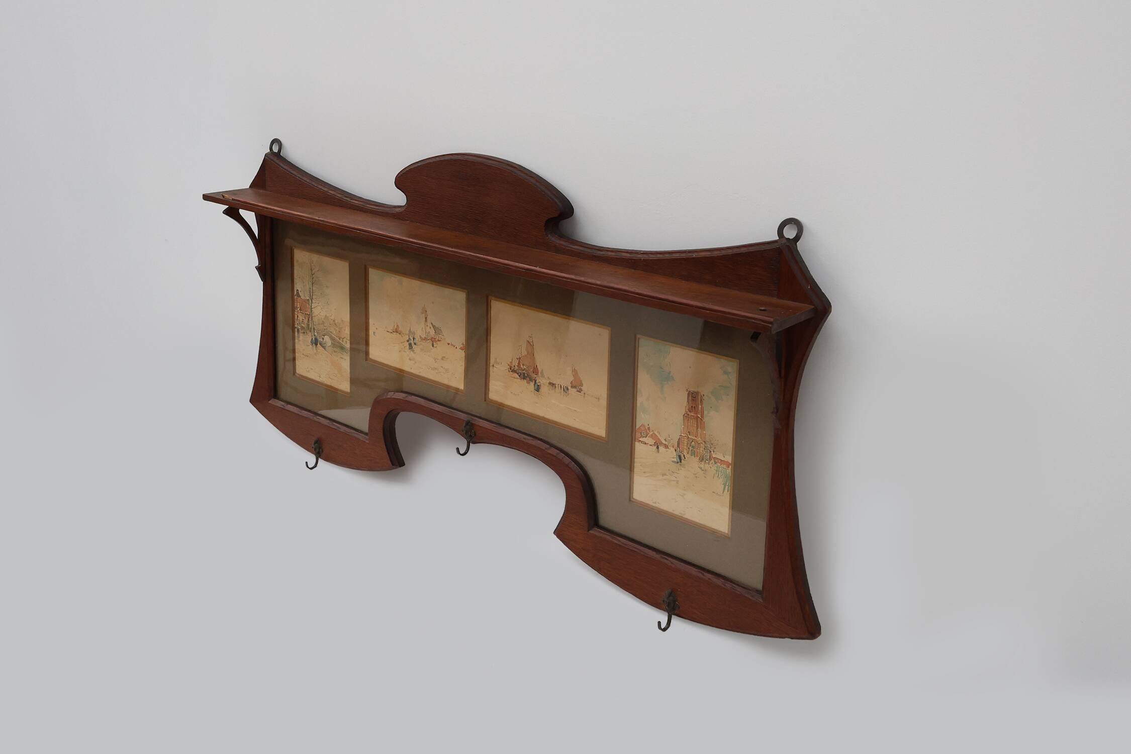 Art Nouveau Wall-Mounted Coat Rack with Framed Watercolors by Cassier, Belg