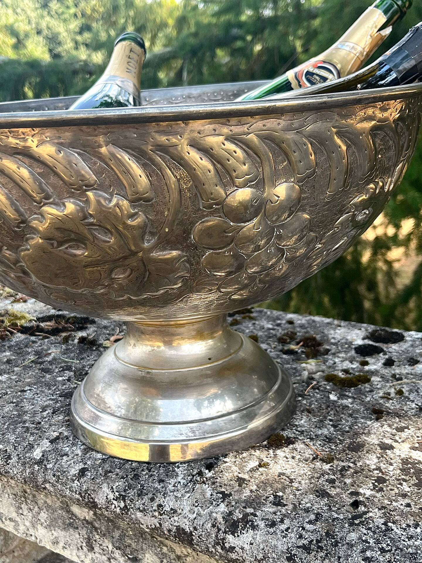 Large silver plated champagne cooler bowl on pedestal with grape