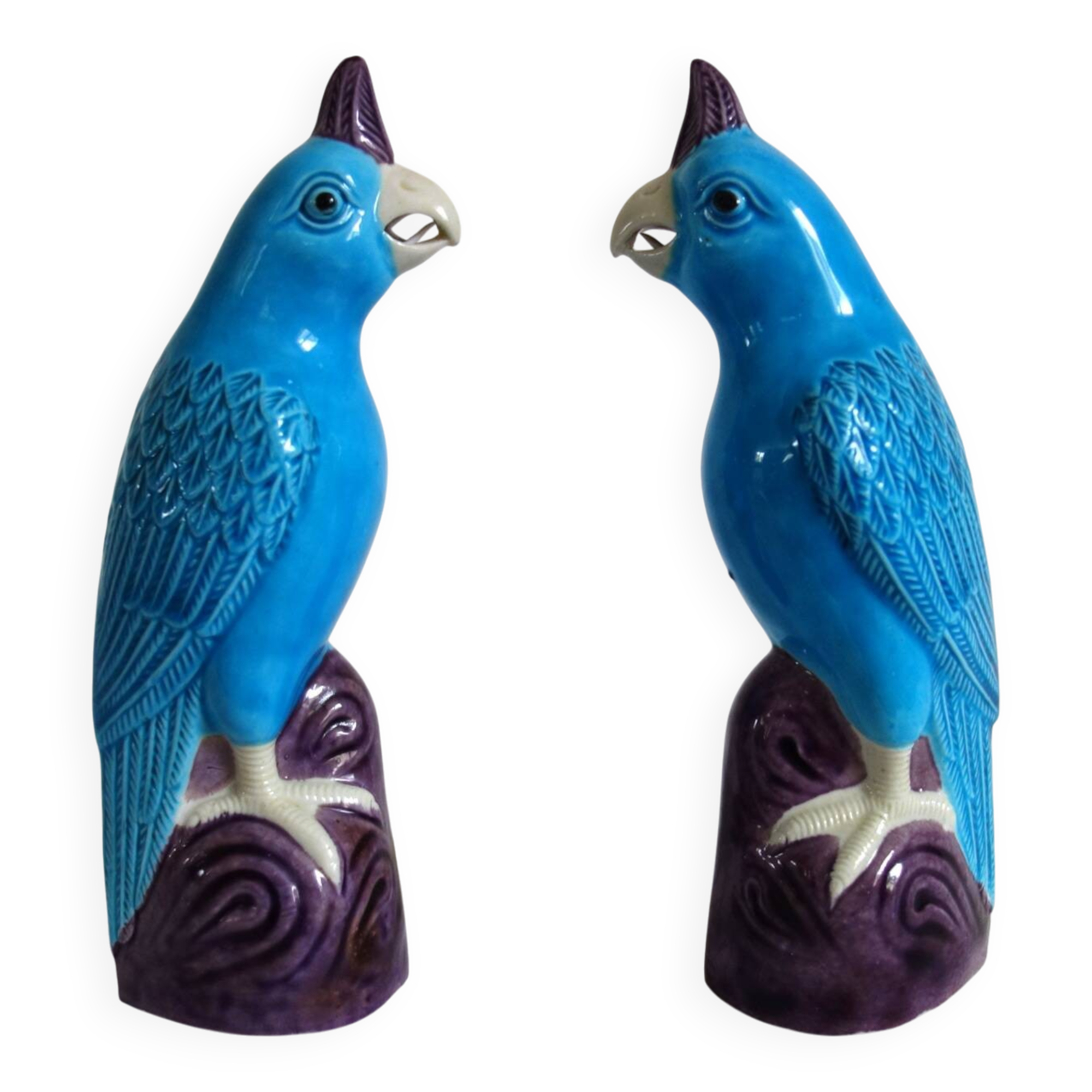 Pair of enamelled porcelain parrots, Chinese, 1960s.