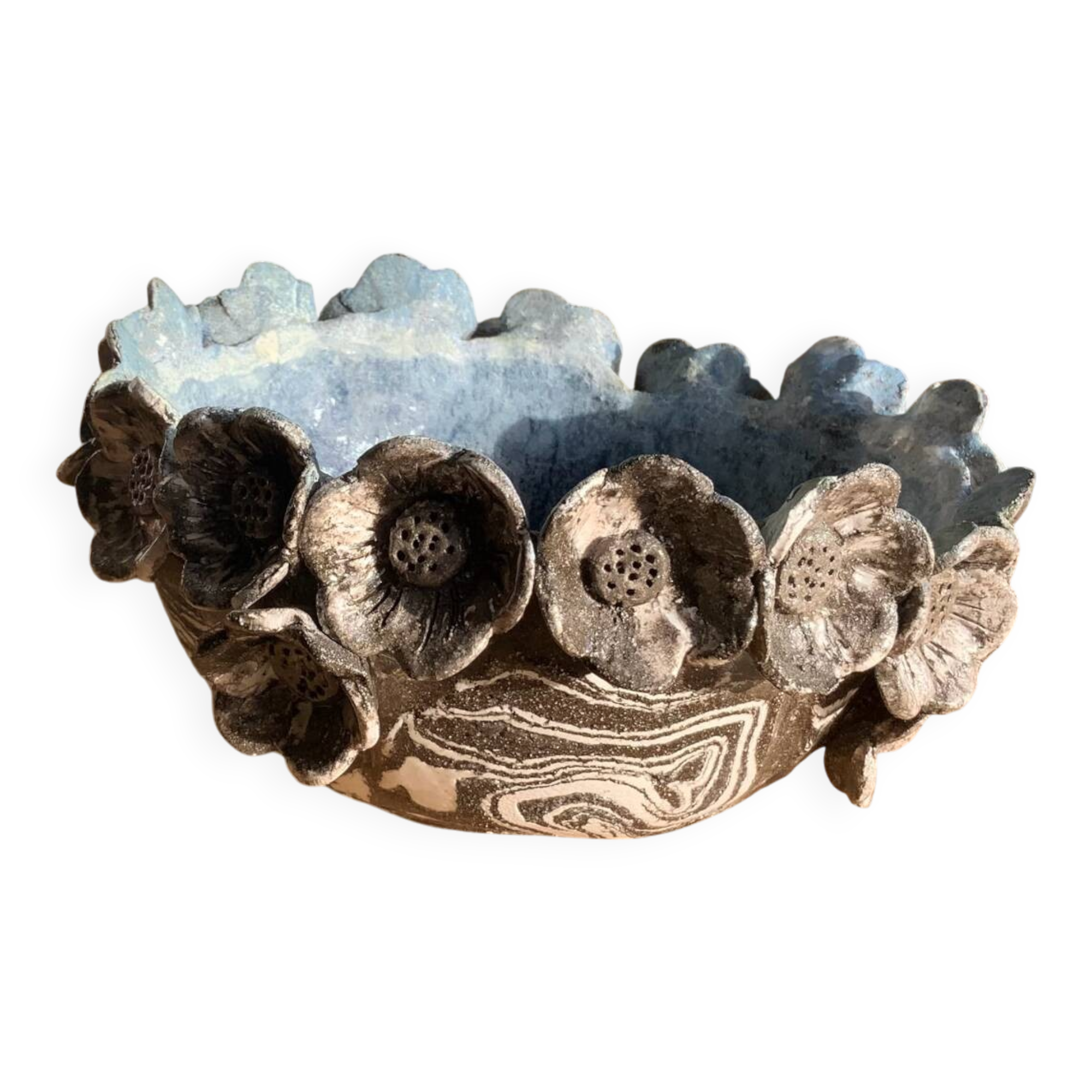 Bol sculptural en céramique – Technique du neriage – Fleurs en relief