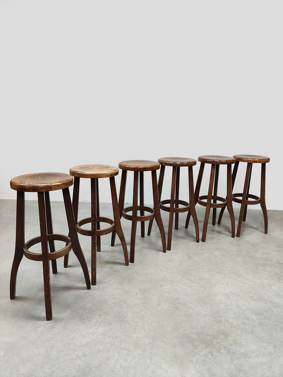 Brutalist design wooden vintage barstools 19 x