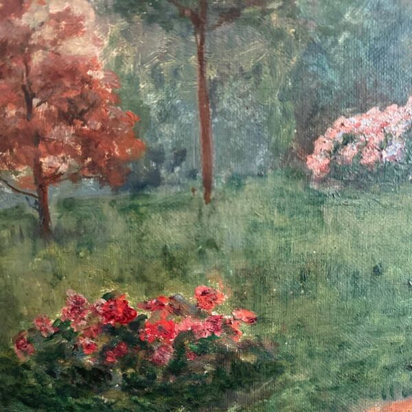 Huile sur toile scène de parc avec une femme assise dans un fauteuil