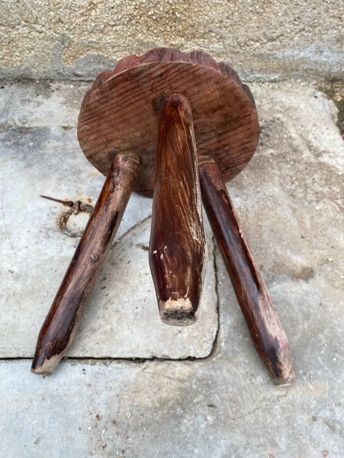 Tabouret de Traite Ancien Tripode Bois Brut Art Populaire Vintage #C60