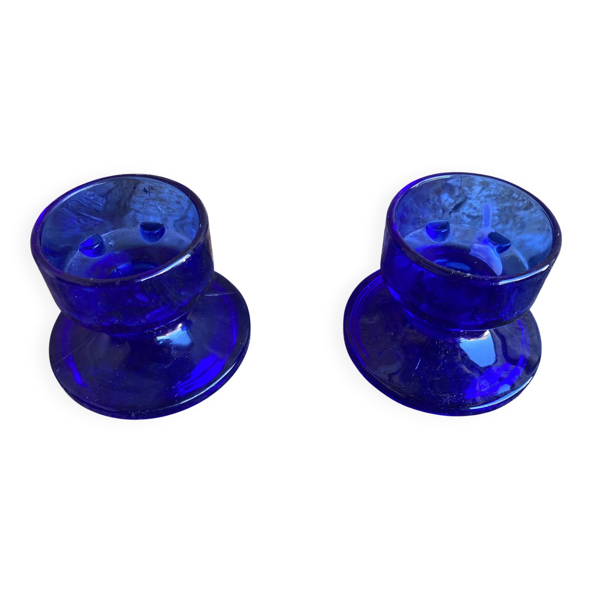 Pair of Vintage Cobalt Blue Moulded Glass Candle Holders #D991