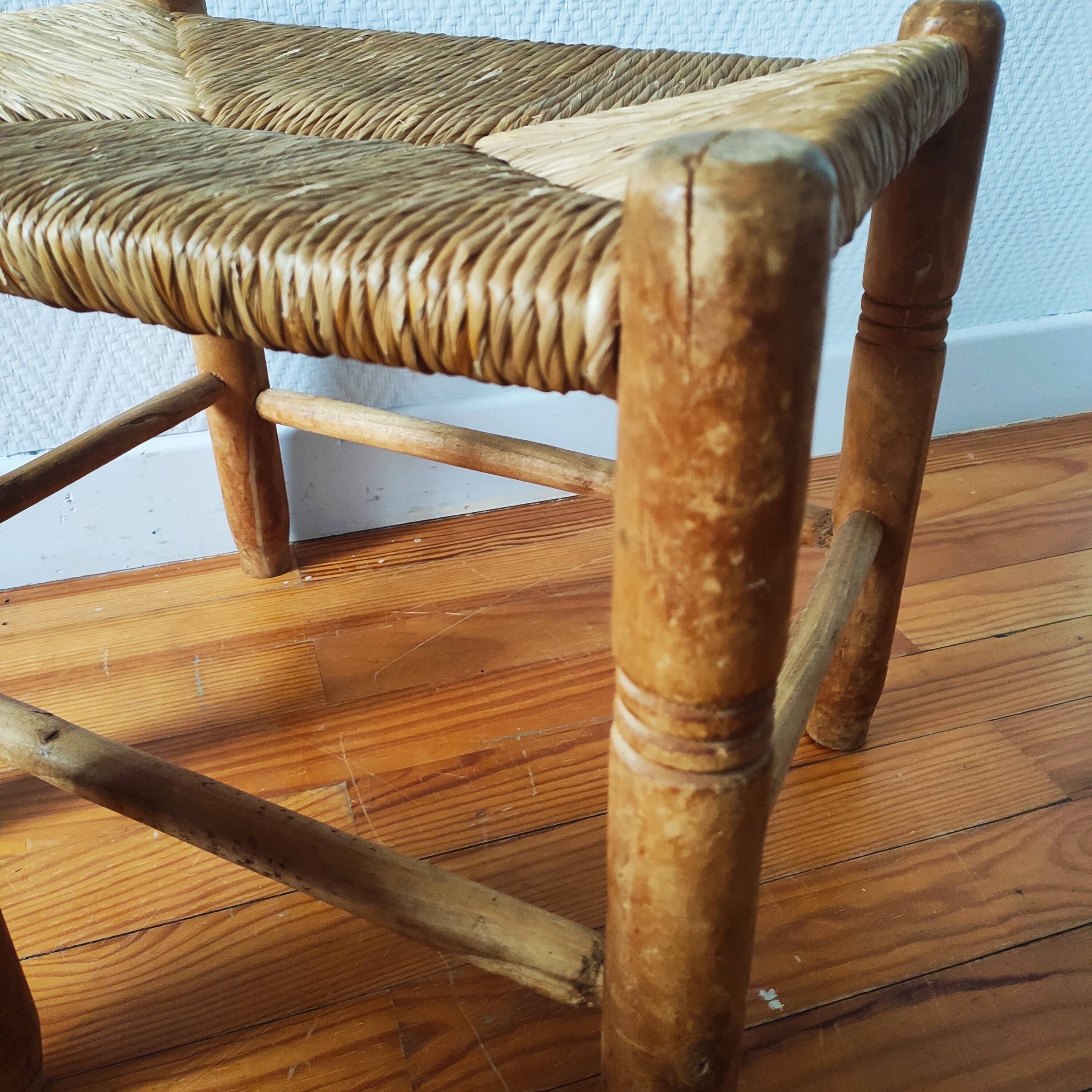 Set of 3 small wooden and straw benches/stools Vintage 60-70s