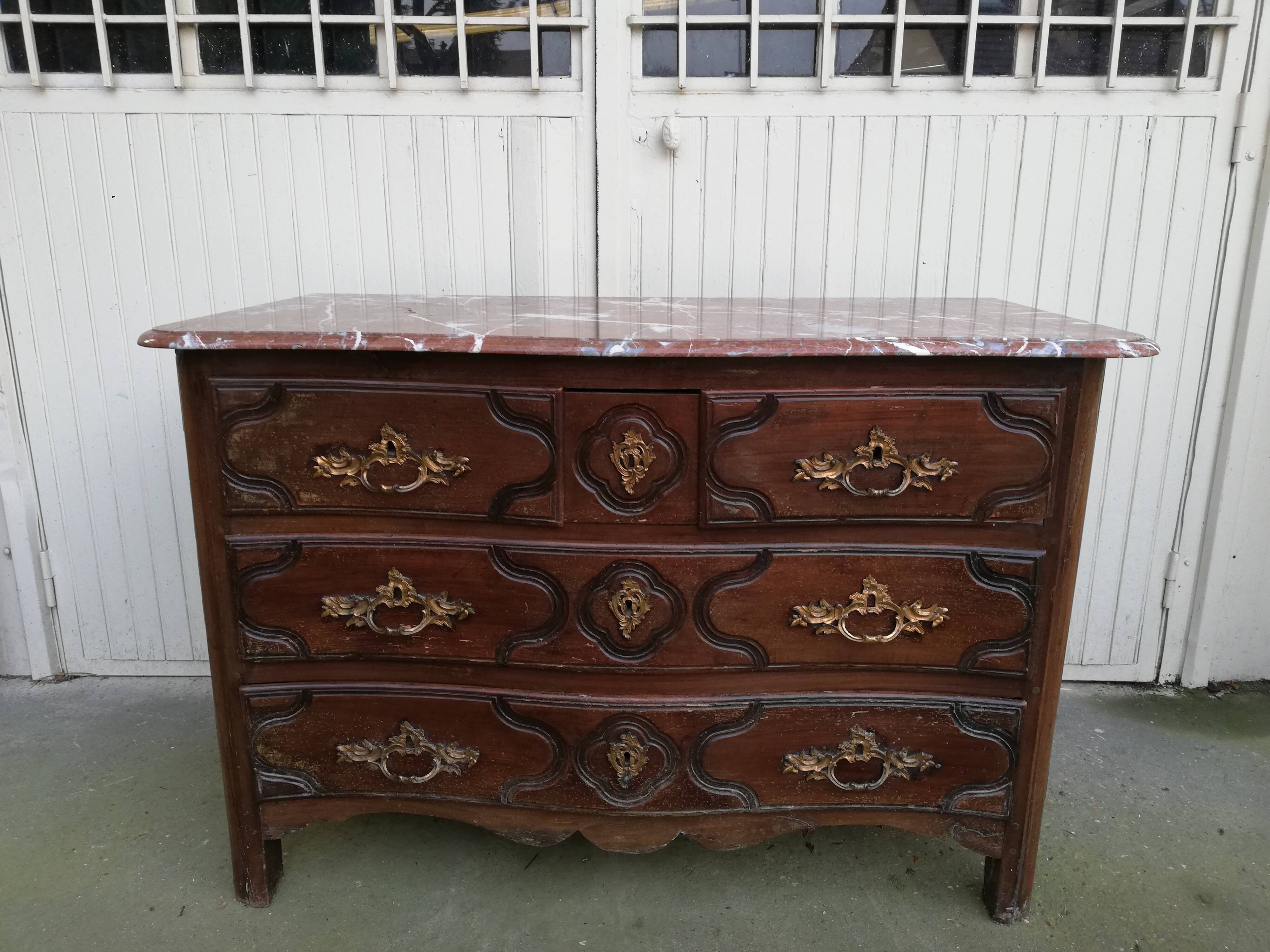 Louis XVI style curved chest of drawers, wooden structure and marble top
