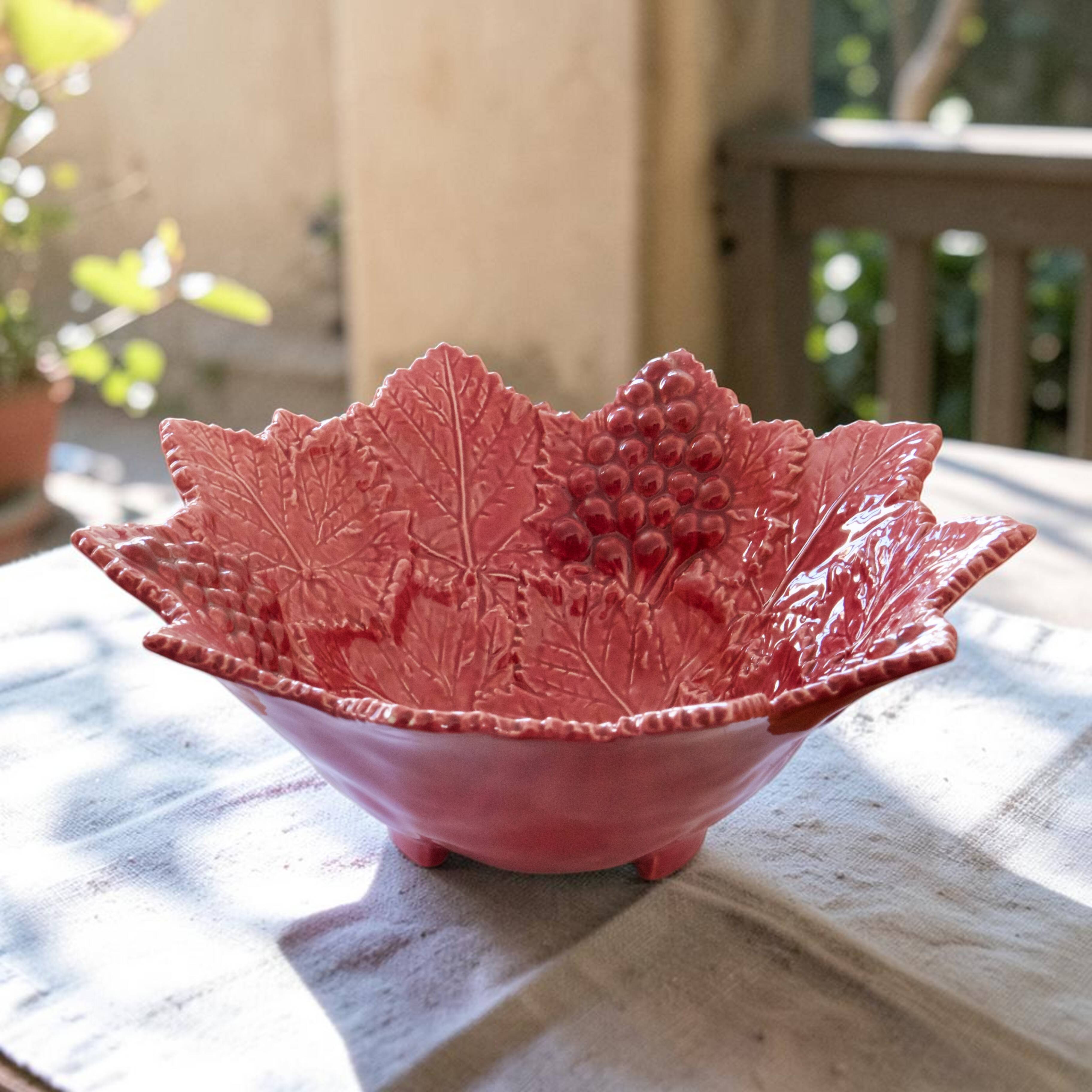 Vine leaf raspberry majolica centrepiece bowl