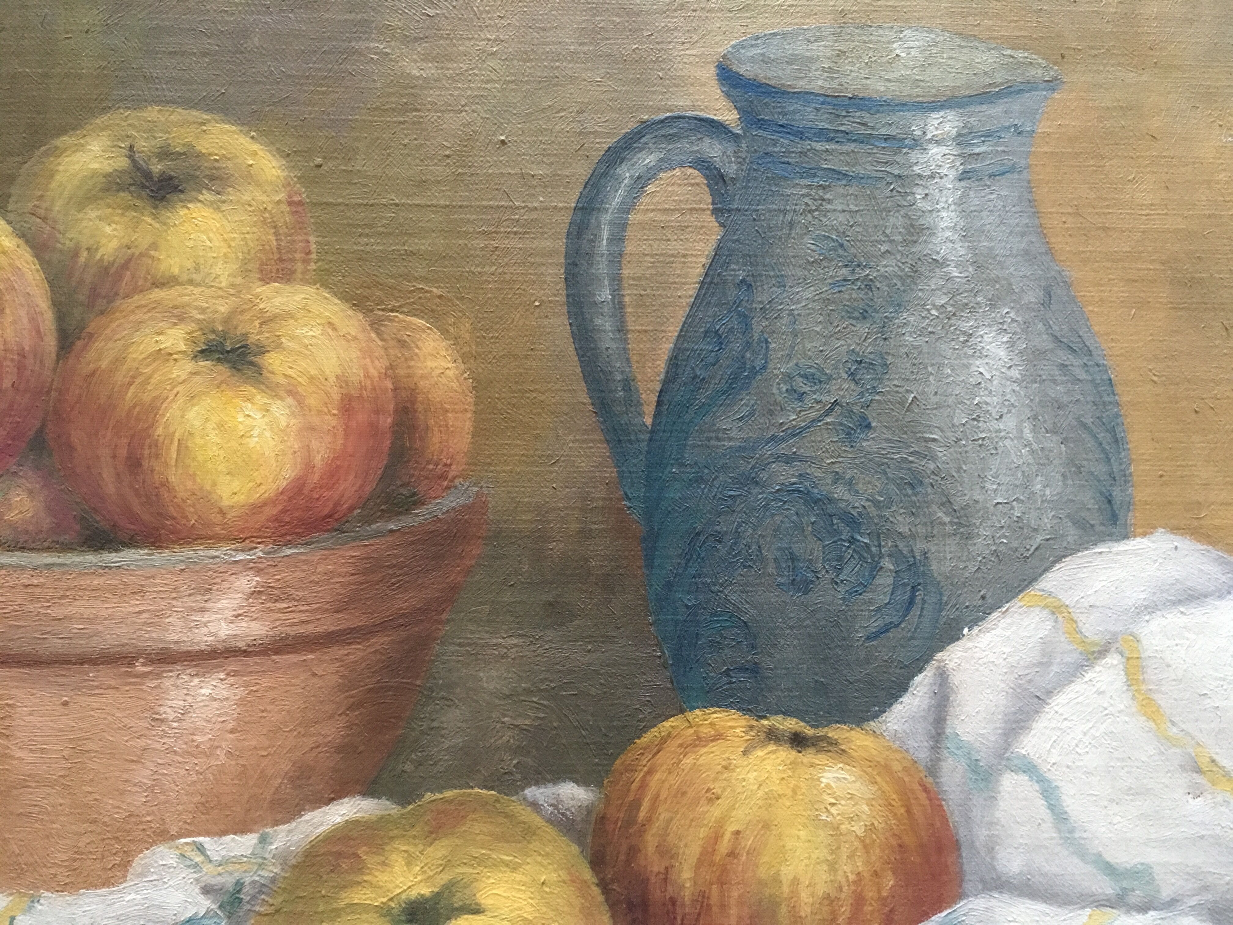 Oil on canvas still life Apple Jatte on kitchen table