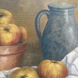 Oil on canvas still life Apple Jatte on kitchen table
