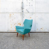 Pair of armchairs with wooden structure and padding covered in Italian fabric 50s