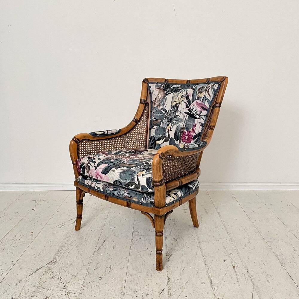 Mid-Century French Armchair in Bamboo Style with Animal Print Fabric, 1980