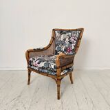 Mid-Century French Armchair in Bamboo Style with Animal Print Fabric, 1980