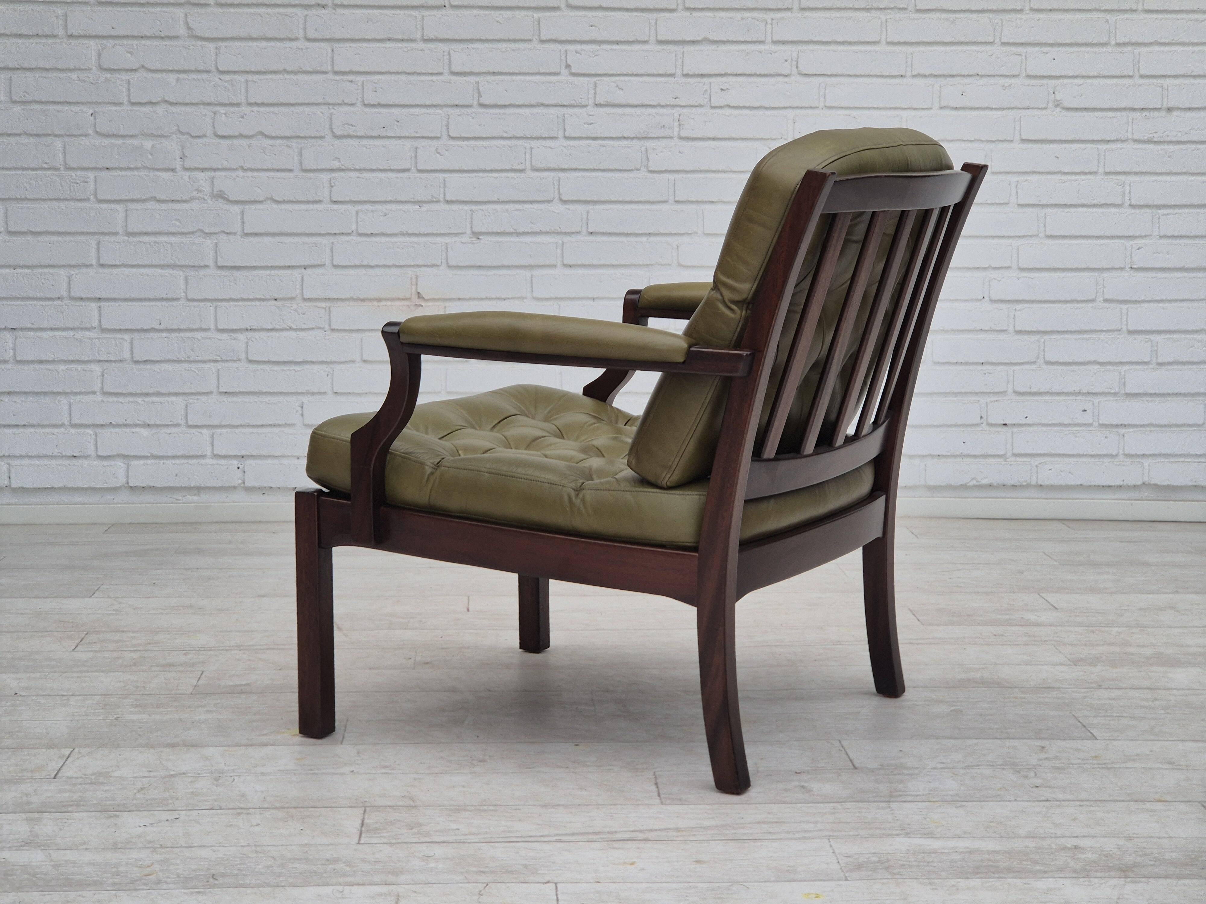 1970s, Scandinavian armchair, original condition,reen furniture leather, solid teak wood.