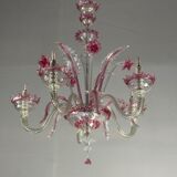 Venetian chandelier in colorless and red Murano glass, 5 light arms, circa 1950